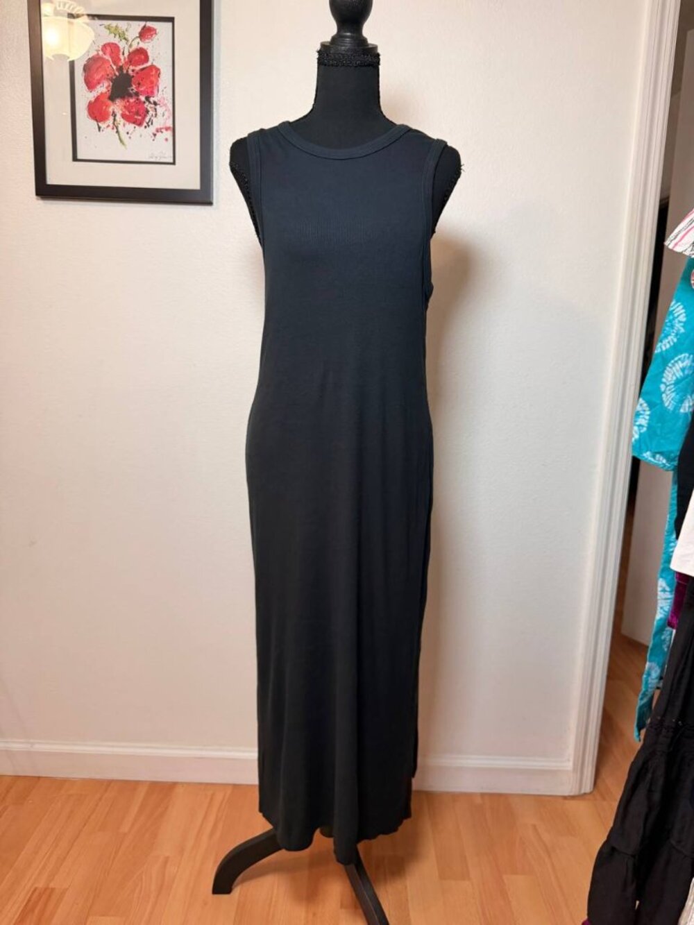 Bluesteel Black Ribbed Tank Maxi Dress Sleeveless Side Slit Minimalist Basic